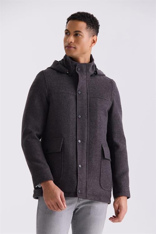 Bordo Comfort Fit Hakim Yaka Desenli Kapüşonlu Yünlü Spor Kaban