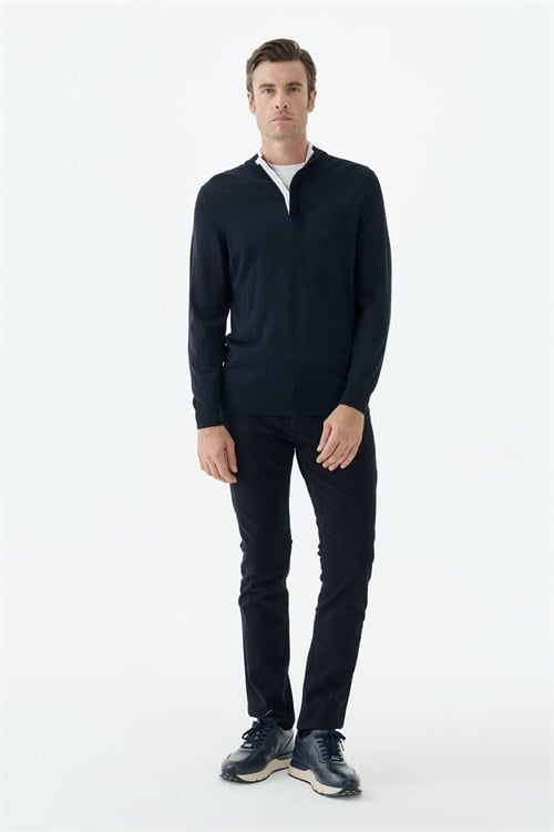 Lacivert Slim Fit Yünlü Fermuarlı Triko