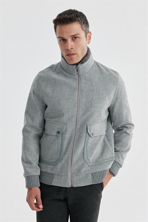 Gri Comfort Fit Kürklü yaka Yünlü Mont