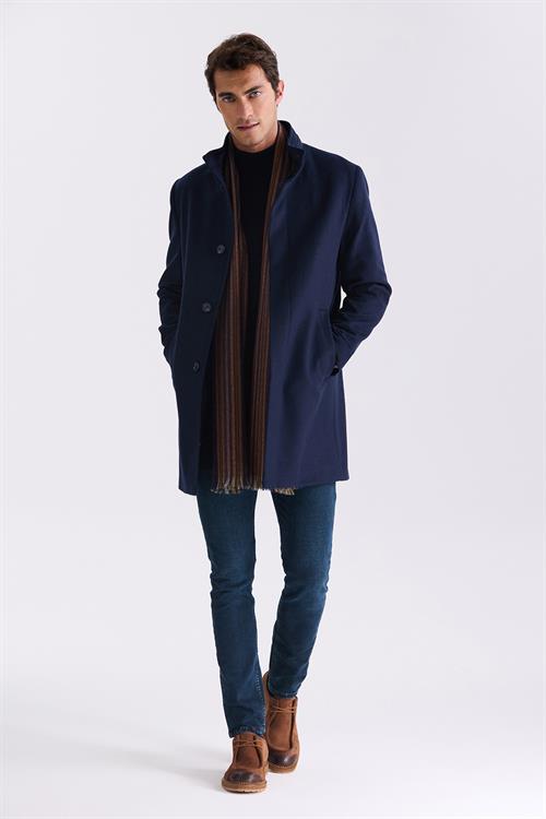 Lacivert Slim Fit Dik Yaka Balık Sırtı Desenli Yünlü Spor Kaban