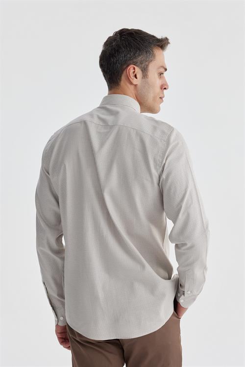 Bej Comfort Fit %100 Pamuk Piti Kare Gömlek