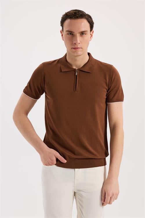 Turuncu Dar Kalıp - Slim Fit T-Shirt Polo Yaka Fermuarlı