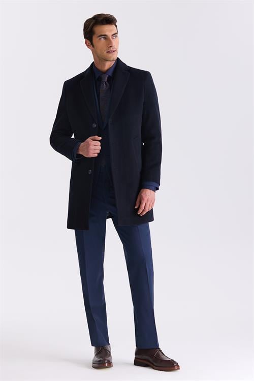 Koyu Lacivert Comfort Fit Mono Yaka Yan Cep Kaşe Kaban