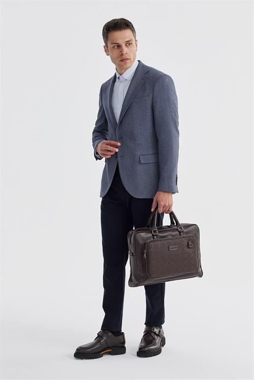 Lacivert Slim Fit Ekose Kareli Çift Yırtmaçlı Ceket