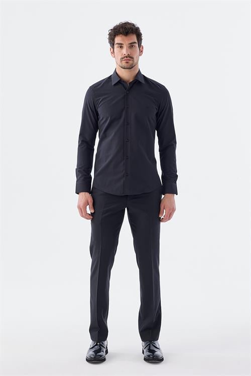 Siyah Slim Fit İtalyan Yaka Uzun Kol Klasik Kravatlık Pamuklu Gömlek