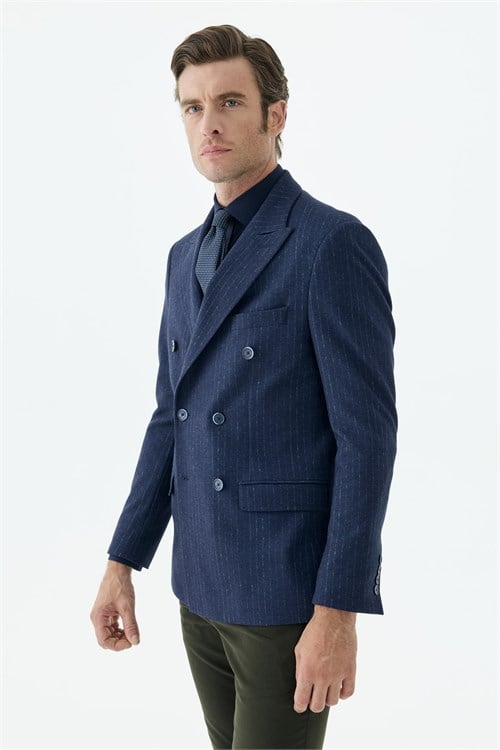 Lacivert Slim Fit Dik Yaka Çizgili Kruvaze Ceket