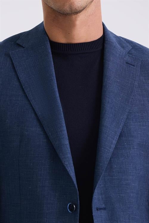 Koyu Lacivert Slim Fit Mono Yaka Keten Spor Ceket
