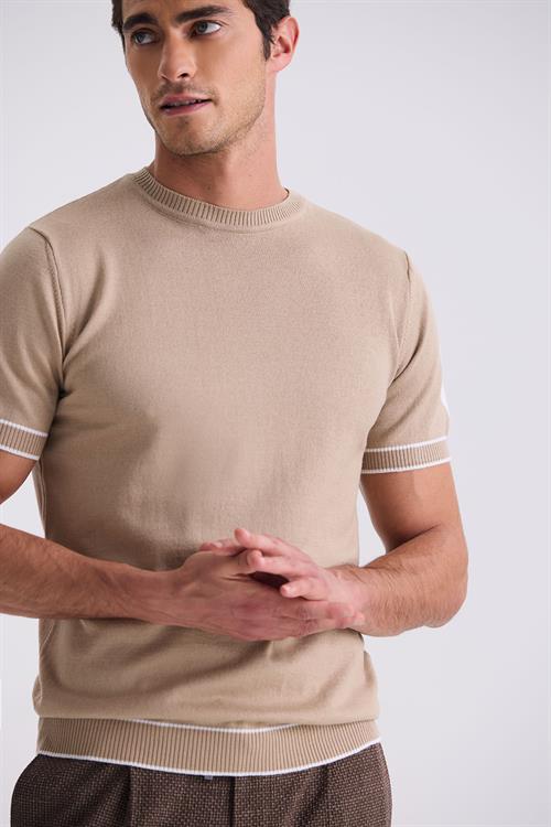 Kahve Slim Fit Triko Bisiklet Yaka T-Shirt