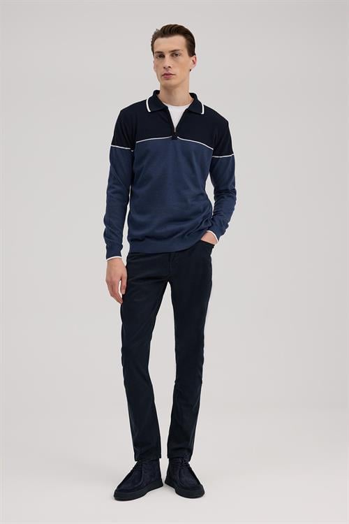 Mavi Slim Fit Fermuarlı Polo Yaka Triko