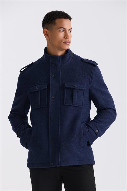 Lacivert Slim Fit Hakim Yaka Apoletli Desenli Spor Kaşe Kaban