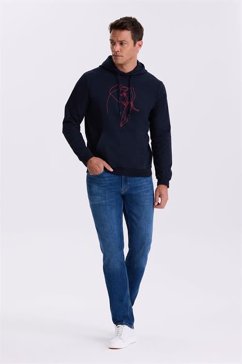 Lacivert Slim Fit Kapüşonlu Baskılı %100 Pamuk Sweatshirt