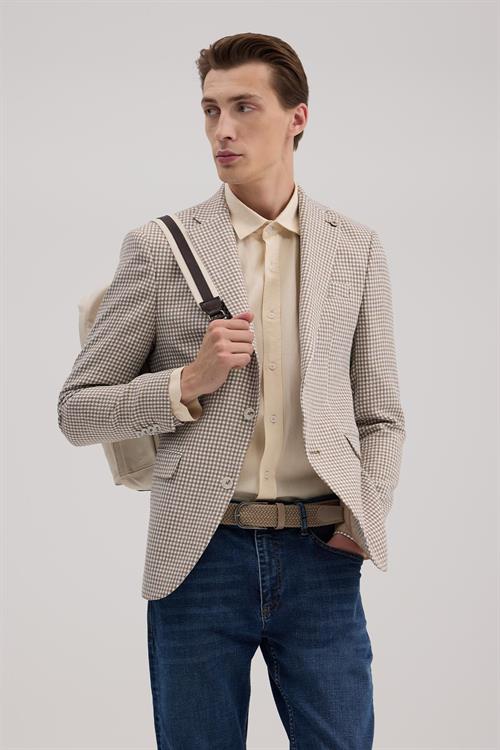 Kahve Slim Fit Sivri Yaka Keten Spor Ceket
