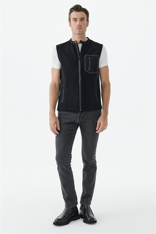 Siyah Slim Fit Cepli Pamuklu Yelek