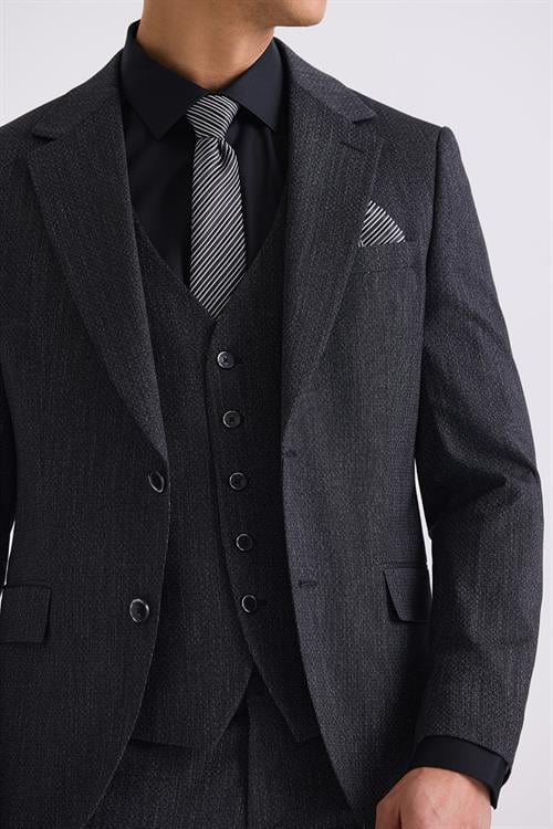 Siyah Slim Fit Mono Yaka Yelekli Takım Elbise	