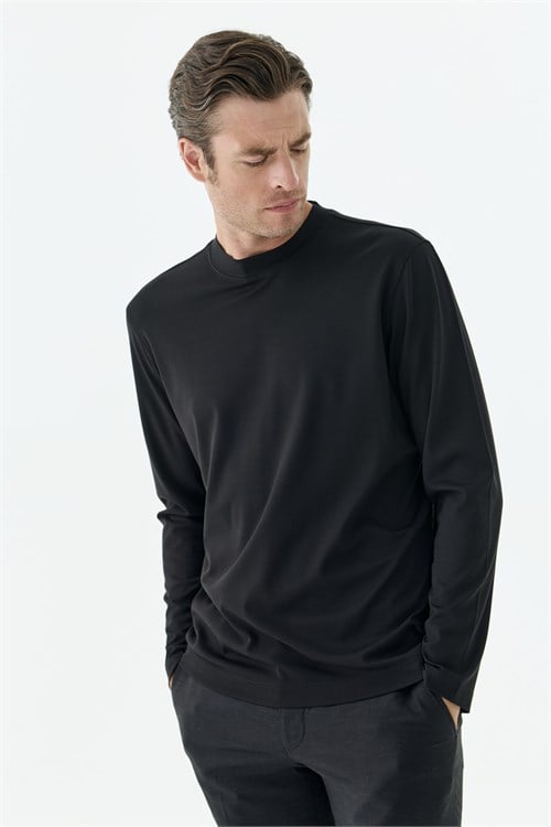 Siyah Comfort Fit Rayon Karışımlı Bisiklet Yaka Sweatshirt
