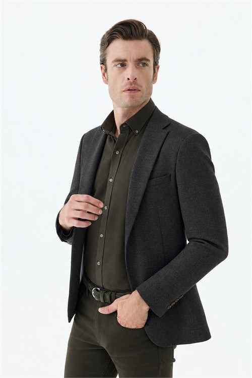 Kahve Slim Fit Mono Yaka Desenli Ceket