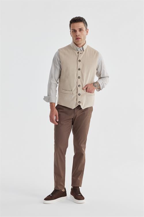 Bej Hakim Yaka Çift Taraflı Slim Fit Yelek