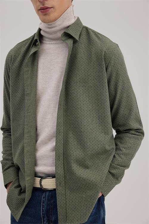 Yeşil Comfort Fit Desenli Pamuklu Düğmeli Yaka Gömlek