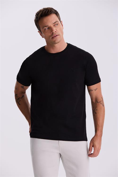 Siyah %100 Pamuk Slim Fit Bisiklet Yaka Basic T-Shirt