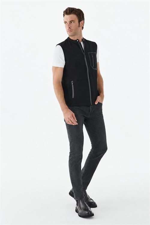 Siyah Slim Fit Cepli Pamuklu Yelek
