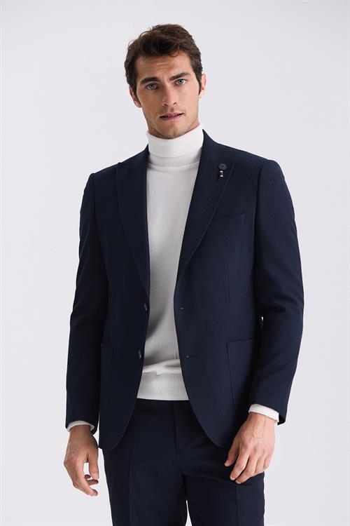 Lacivert Slim Fit Sivri Yaka Desenli Spor Ceket