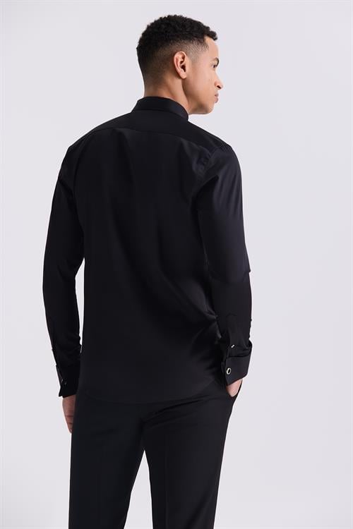 Siyah Slim Fit Kol Düğmeli %100 Pamuk Ata Yaka Gömlek