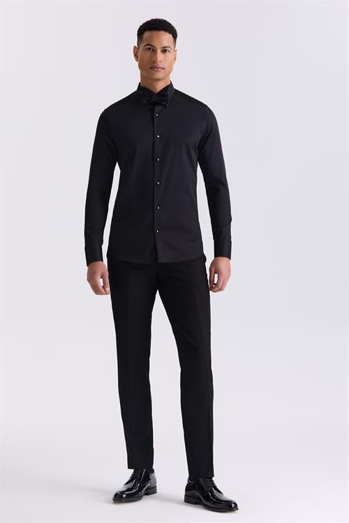 Siyah Slim Fit Kol Düğmeli %100 Pamuk Ata Yaka Gömlek