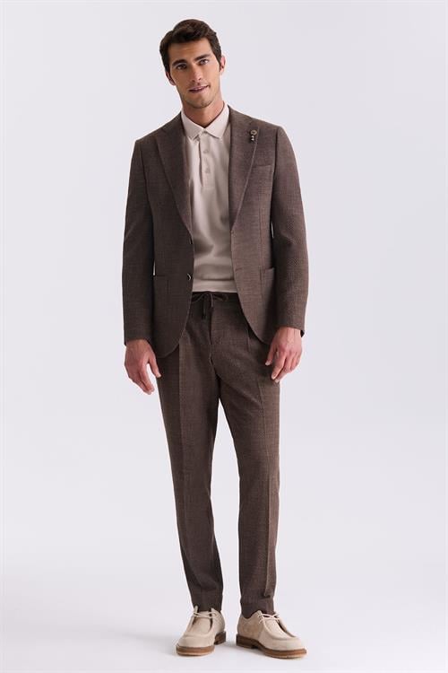 Kahve Slim Fit Mono Yaka Desenli Spor Takım Elbise