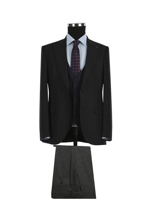 Lacivert Slim Fit Sivri Yaka Çizgili Kombinli Yelekli Takım Elbise