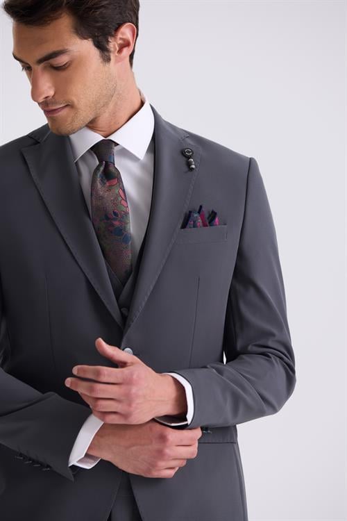 Antrasit Slim Fit Mono Yaka Yelekli Takım Elbise