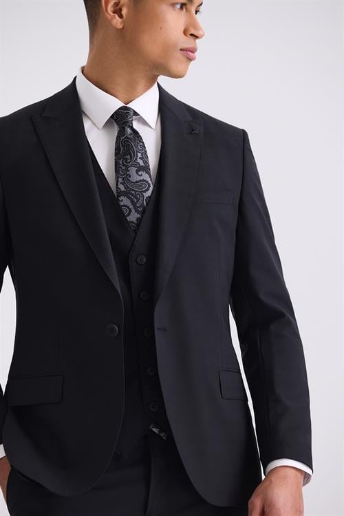 Siyah Slim Fit Sivri Yaka Yelekli Yünlü Takım Elbise