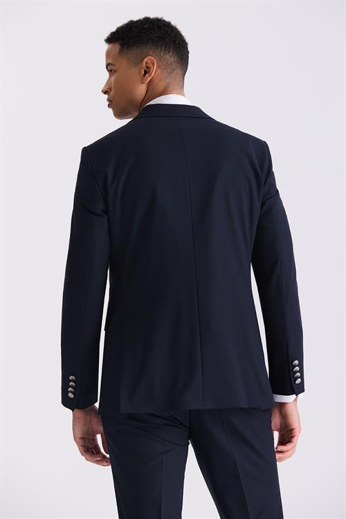 Lacivert Slim Fit Sivri Yaka Yelekli Takım Elbise