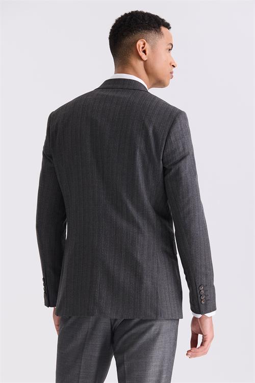 Antrasit Slim Fit Sivri Yaka Çizgili Kombinli Yelekli Takım Elbise