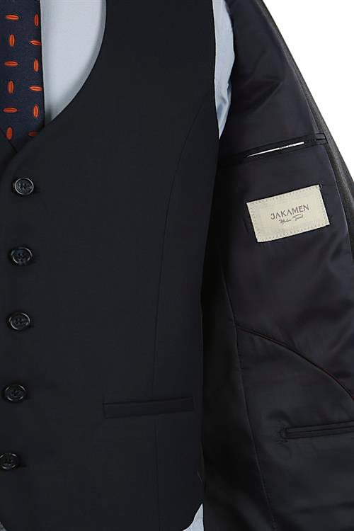 Lacivert Slim Fit Sivri Yaka Çizgili Kombinli Yelekli Takım Elbise