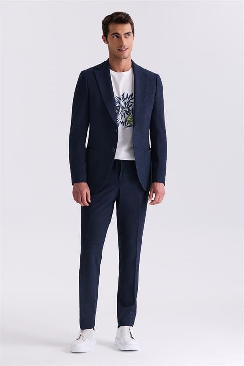 Lacivert Slim Fit Mono Yaka Desenli Spor Takım Elbise