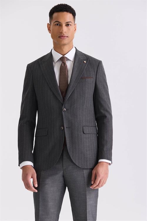 Antrasit Slim Fit Sivri Yaka Çizgili Kombinli Yelekli Takım Elbise