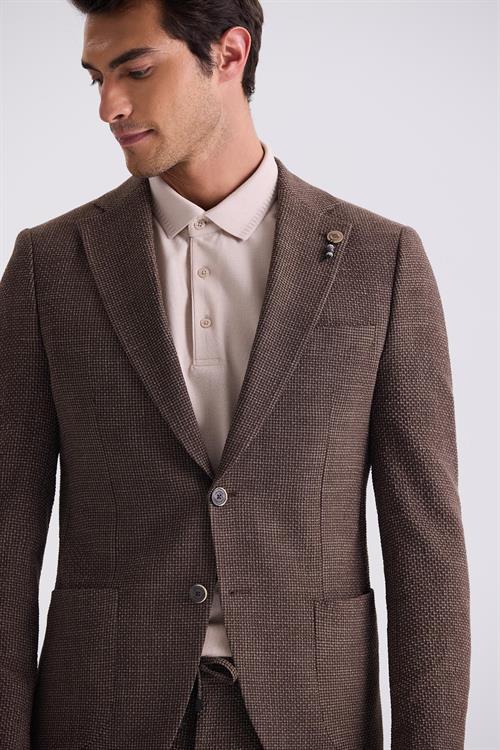 Kahve Slim Fit Mono Yaka Desenli Spor Takım Elbise