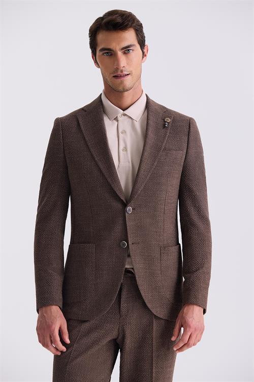 Kahve Slim Fit Mono Yaka Desenli Spor Takım Elbise