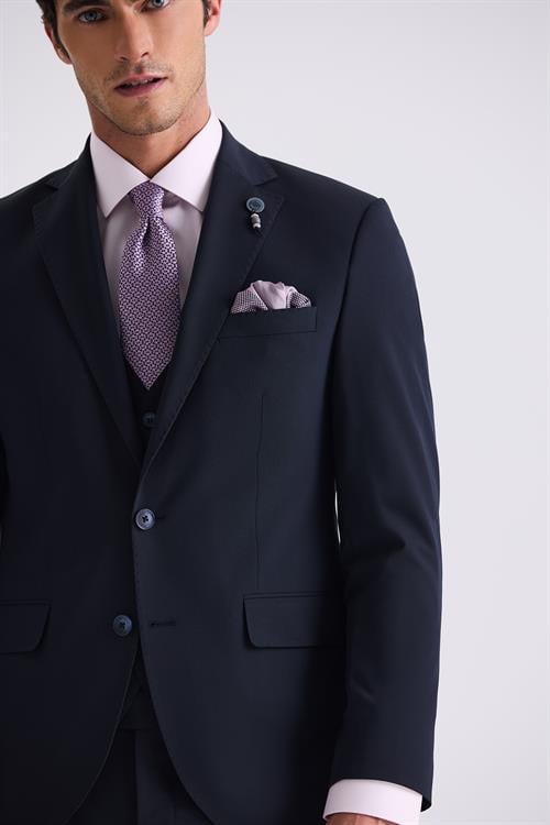 Lacivert Slim Fit Mono Yaka Yelekli Takım Elbise