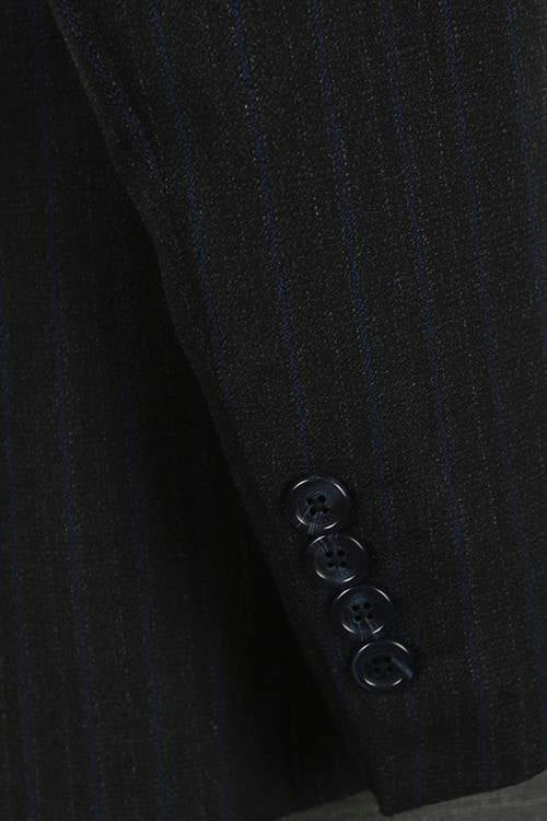 Lacivert Slim Fit Sivri Yaka Çizgili Kombinli Yelekli Takım Elbise