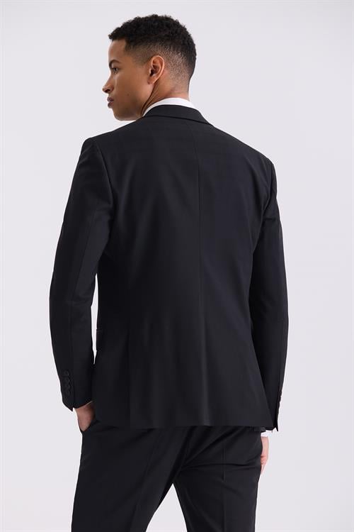 Siyah Slim Fit Sivri Yaka Yelekli Yünlü Takım Elbise