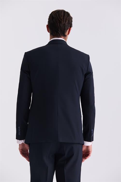 Lacivert Slim Fit Mono Yaka Yelekli Takım Elbise