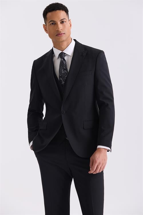 Siyah Slim Fit Sivri Yaka Yelekli Yünlü Takım Elbise