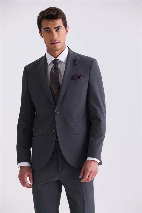 Antrasit Slim Fit Mono Yaka Yelekli Takım Elbise
