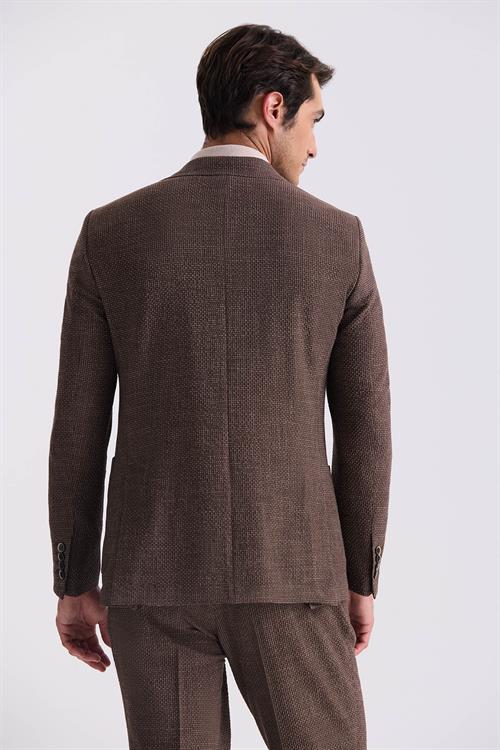 Kahve Slim Fit Mono Yaka Desenli Spor Takım Elbise