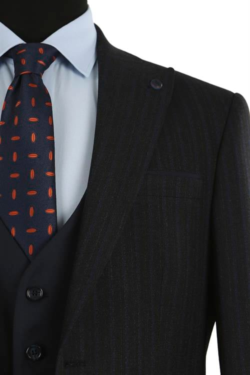 Lacivert Slim Fit Sivri Yaka Çizgili Kombinli Yelekli Takım Elbise