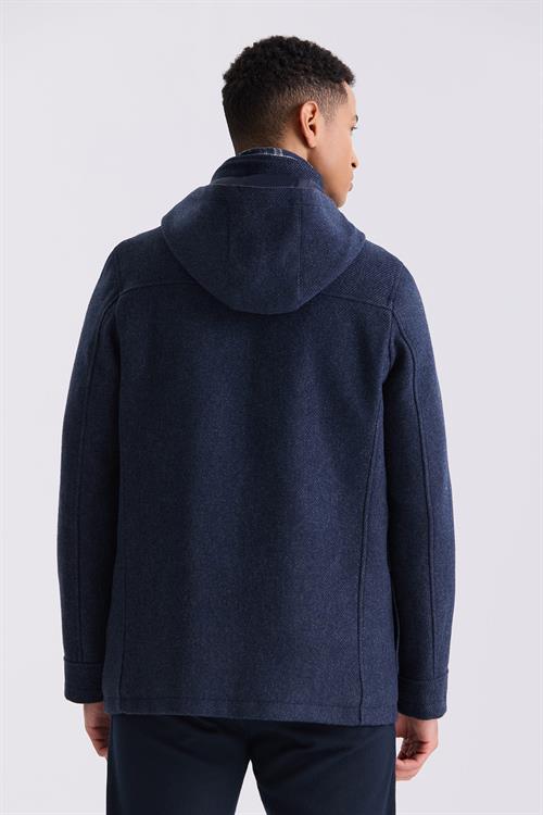 Lacivert Comfort Fit Hakim Yaka Desenli Kapüşonlu Yünlü Spor Kaban