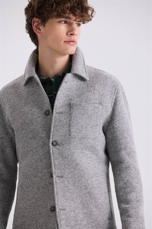 Gri Slim Fit Berberi Yaka Yünlü Kaşe Kaban