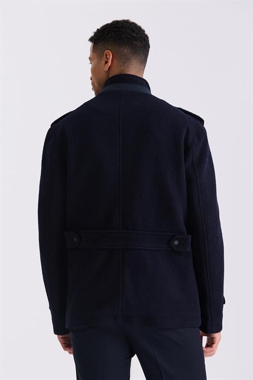 Lacivert-2 Slim Fit Hakim Yaka Apoletli Desenli Spor Kaşe Kaban