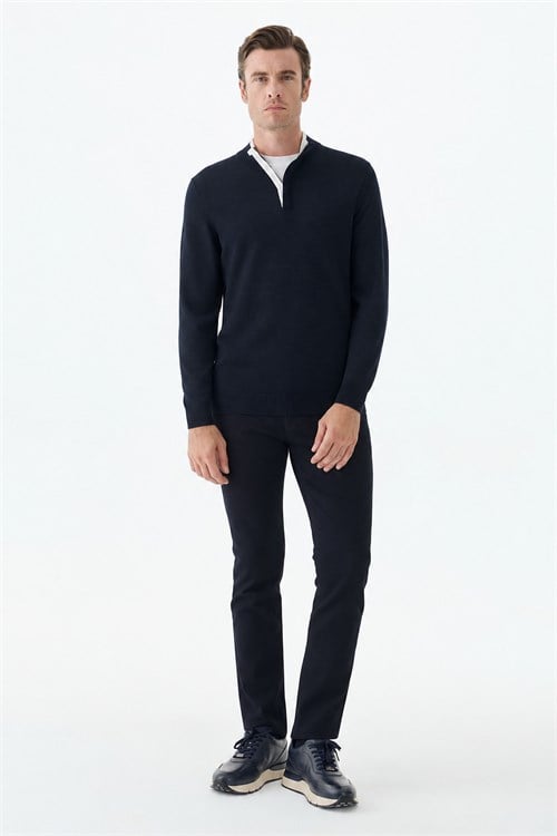 Lacivert Slim Fit Yünlü Fermuarlı Triko